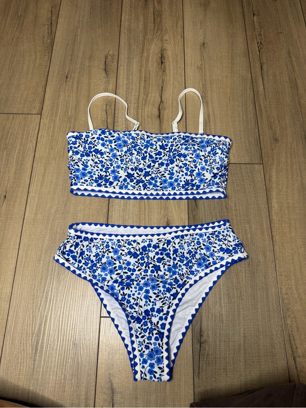 Blue Floral Bandeau Hugh Waisted Bikini Set with Adjustable Straps Cottagecore